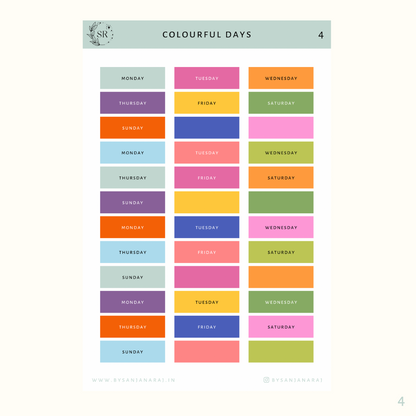Colourful Days | Calendar Essentials | Planner Stickers | By Sanjana Raj