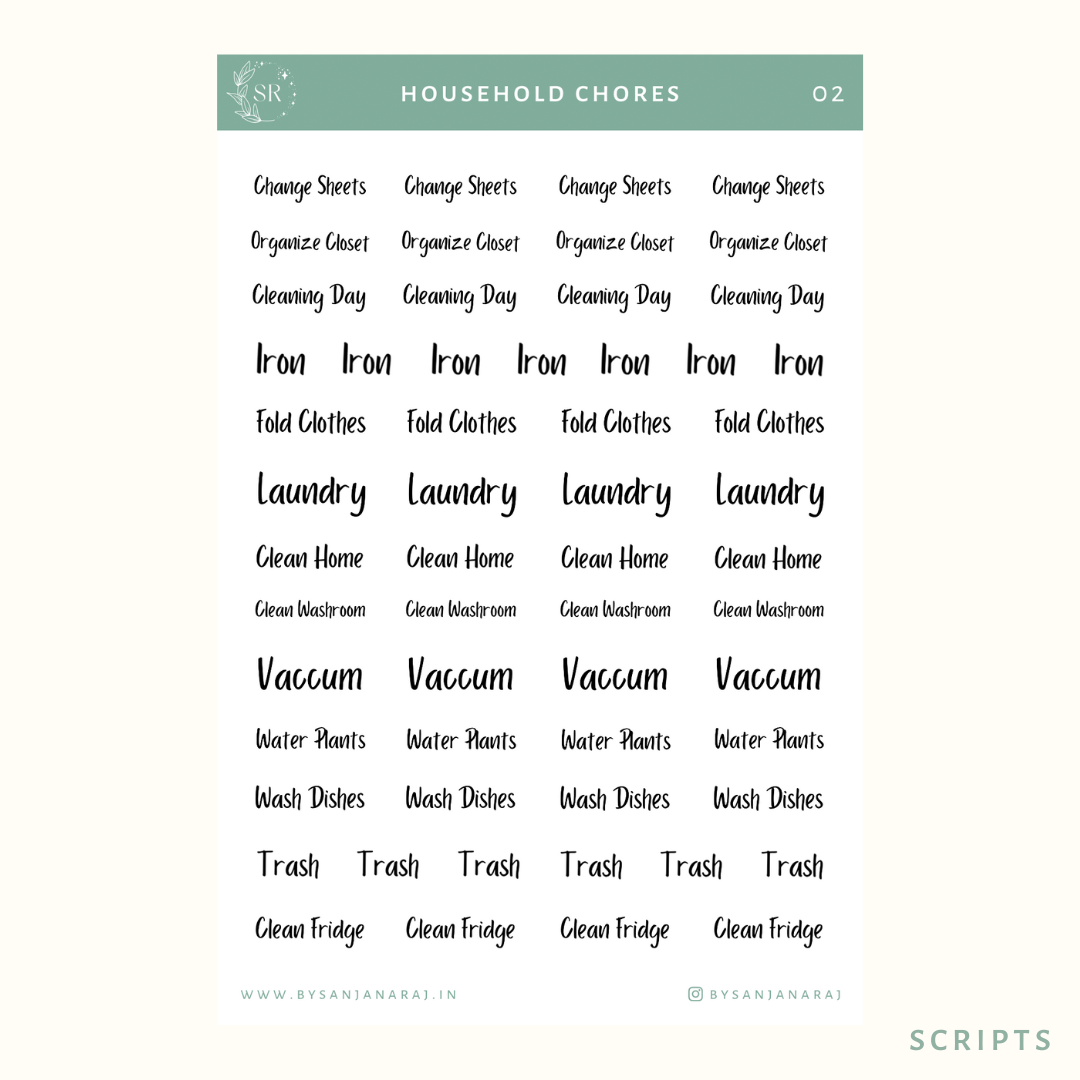 Household Chores Sticker Kit | Planner Stickers | By Sanjana Raj