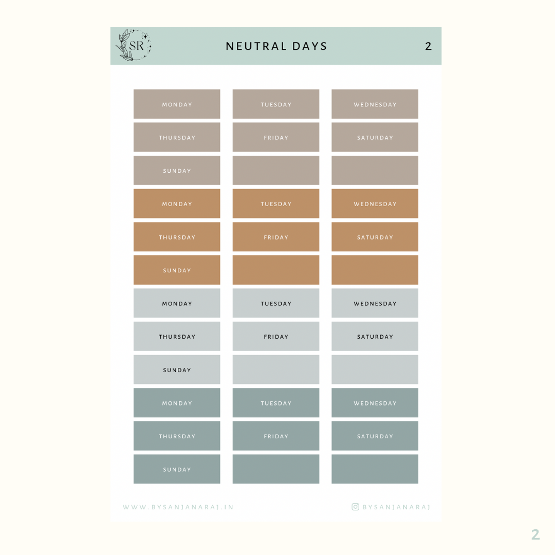 Neutral Days | Calendar Essentials | Planner Stickers | By Sanjana Raj