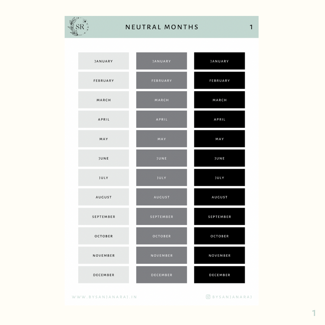 Neutral Months | Calendar Essentials | Planner Stickers | By Sanjana Raj